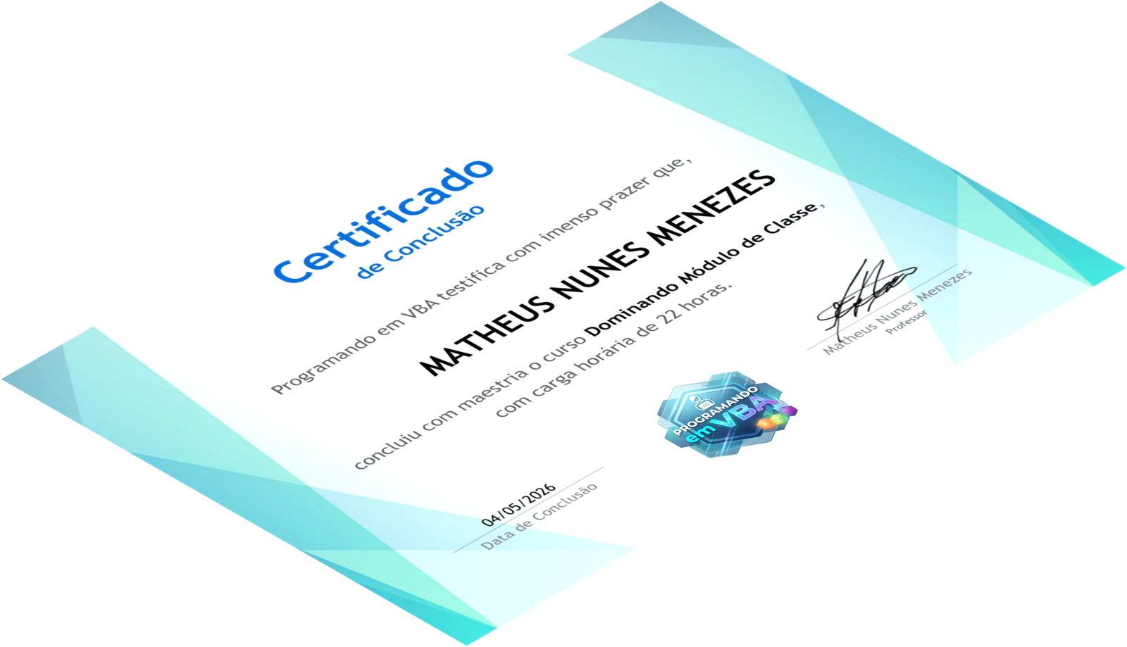 Certificado de conclusão do curso Dominando Módulo de Classe